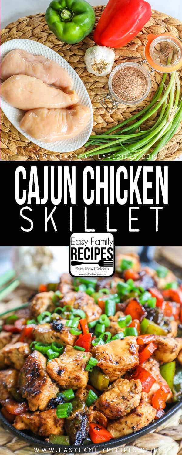Cajun Chicken Ingredients: chicken breast, bell pepper, green onions, cajun seasoning. Cajun Chicken finished in a skillet