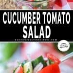 Two images - top image is cucumber tomato salad in a bowl. Second image is a close up of the salad