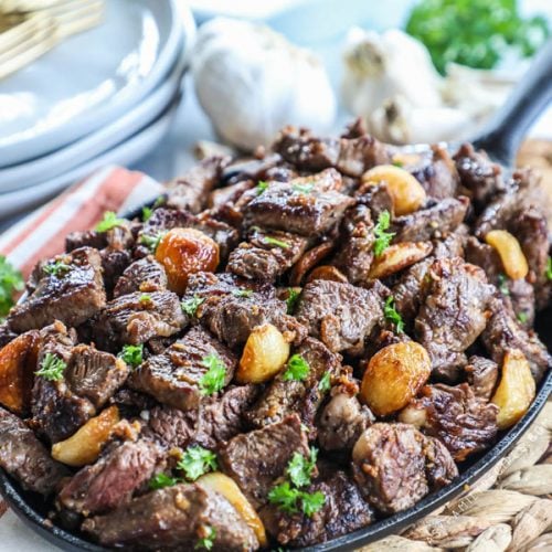 Garlic Steak Recipe shown in a skillet