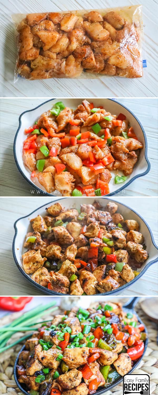 How to Make Cajun Chicken: Step 1: Marinate the chicken. Step 2: Place chicken and peppers in skillet. Step 3: Cook in skillet over high heat. Step 4: Garnish with green onions.