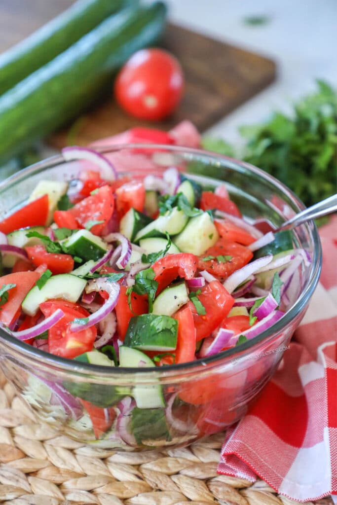 Step 4 - Combine all of the vegetables in a large bowl. Whisk together the vinegar, oil, salt and pepper and then pour over the veggies and toss to coat.