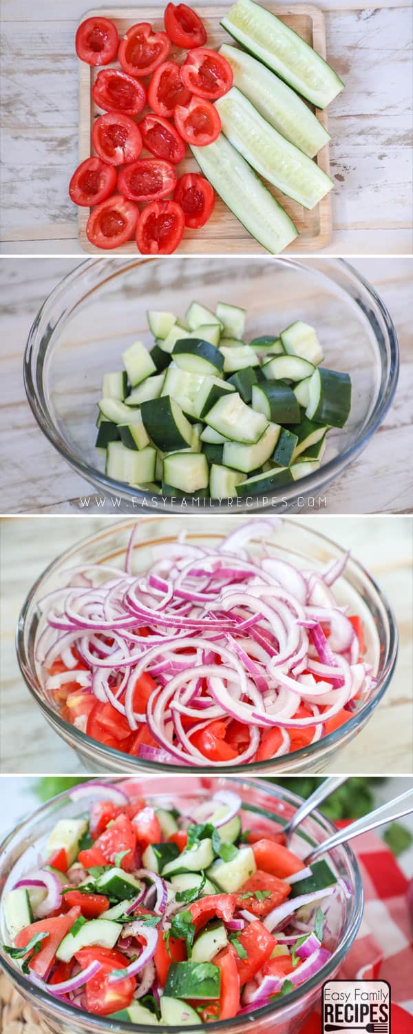 Steps for making classic cucumber tomato salad.