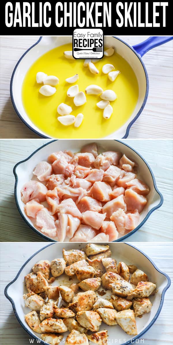 How to Make Garlic Chicken: Step 1- Sautee garlic in oil. Step 2- Saute chicken in skillet. Step 3: Combine garlic and chicken.