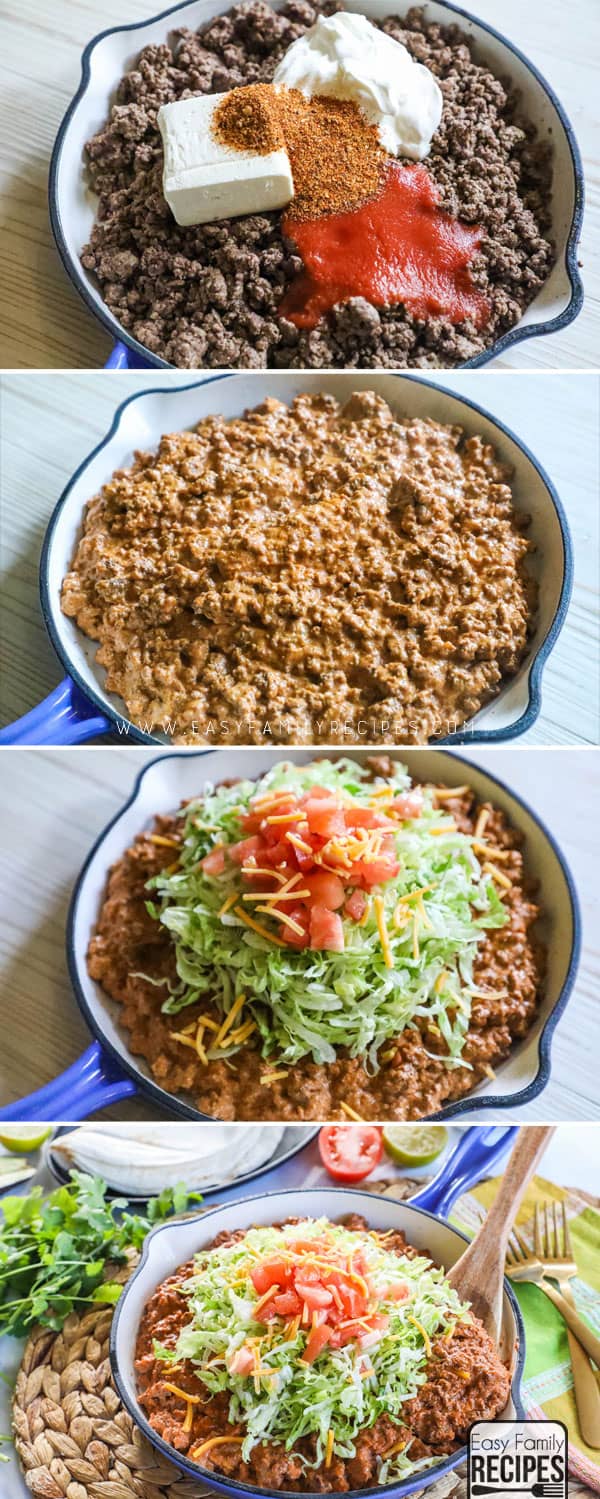 How to Make Taco Skillet: Step 1: Brown meat. Step 2: Add cheese, sour cream, tomato sauce and seasonings. Step 3: Top with lettuce, tomatoes, and cheese.
