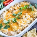 Chicken Fajita Dip recipe baked and garnished with cilantro.