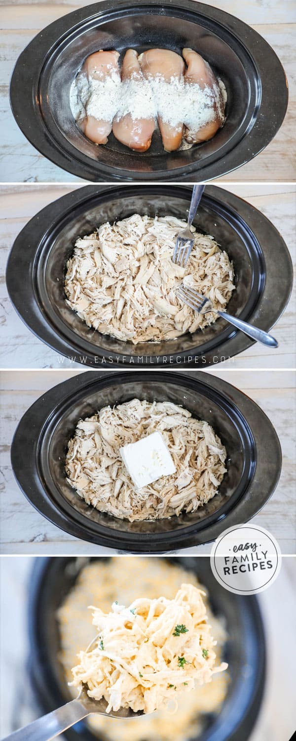 Collage of How to Make Buffalo Chicken in Slow cooker