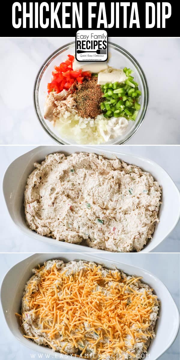 How to Make Chicken Fajita Dip. Step 1: Combine ingredients in bowl. Step 2: Mix ingredients until creamy and evenly combined. Step 3: Spread in casserole dish and cover with cheese. Step 4: Bake until bubbly.