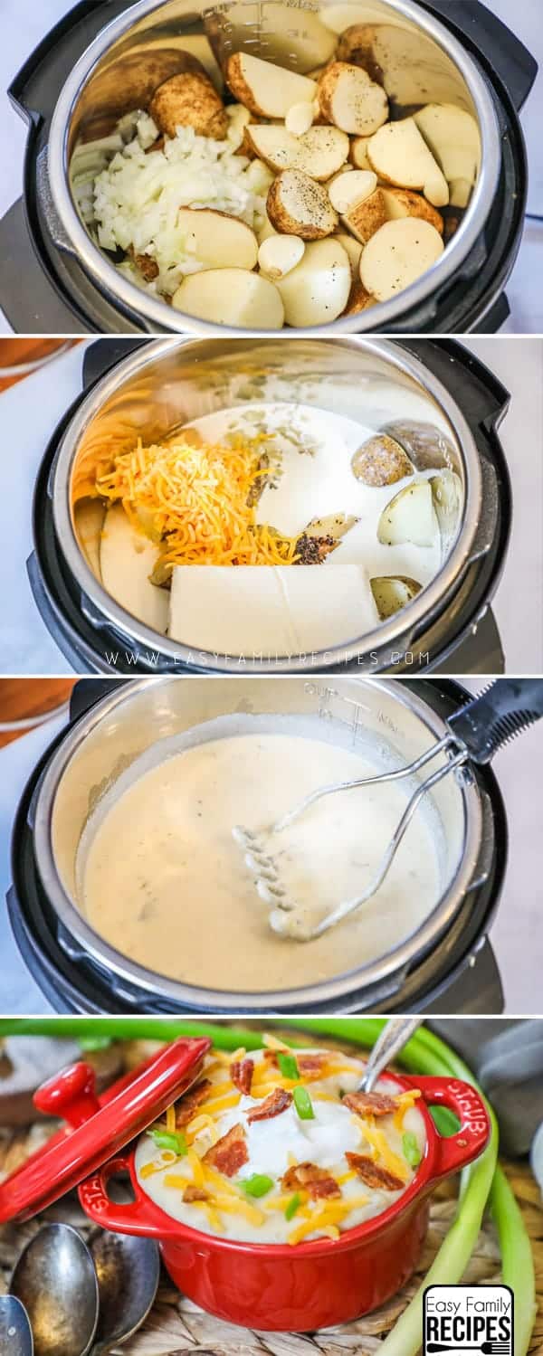 Steps on how to make pressure cooker loaded baked potato soup. 