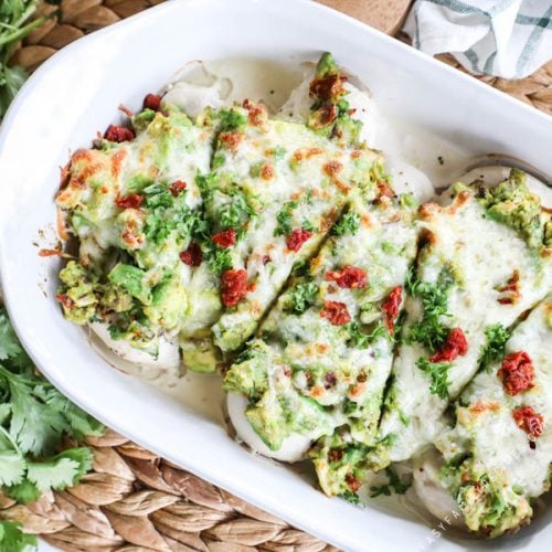 Avocado Smothered Chicken Breast in Baking Dish