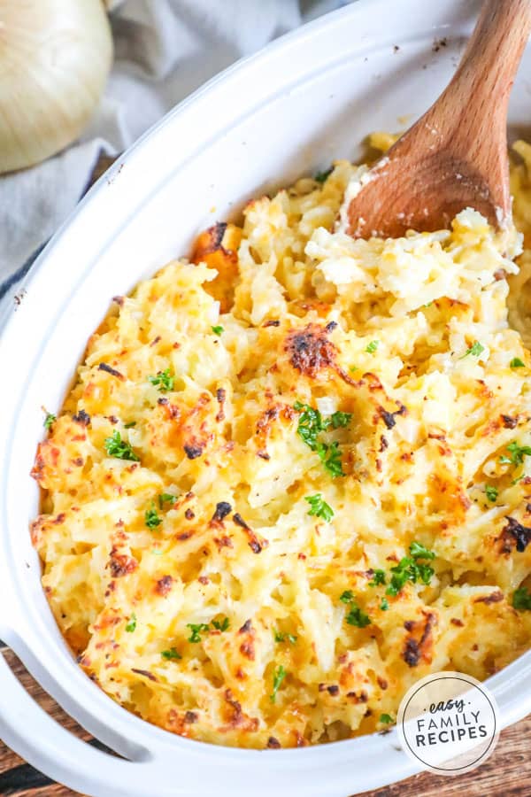 Cheesy Hash brown Casserole with crispy top baked in a casserole dish