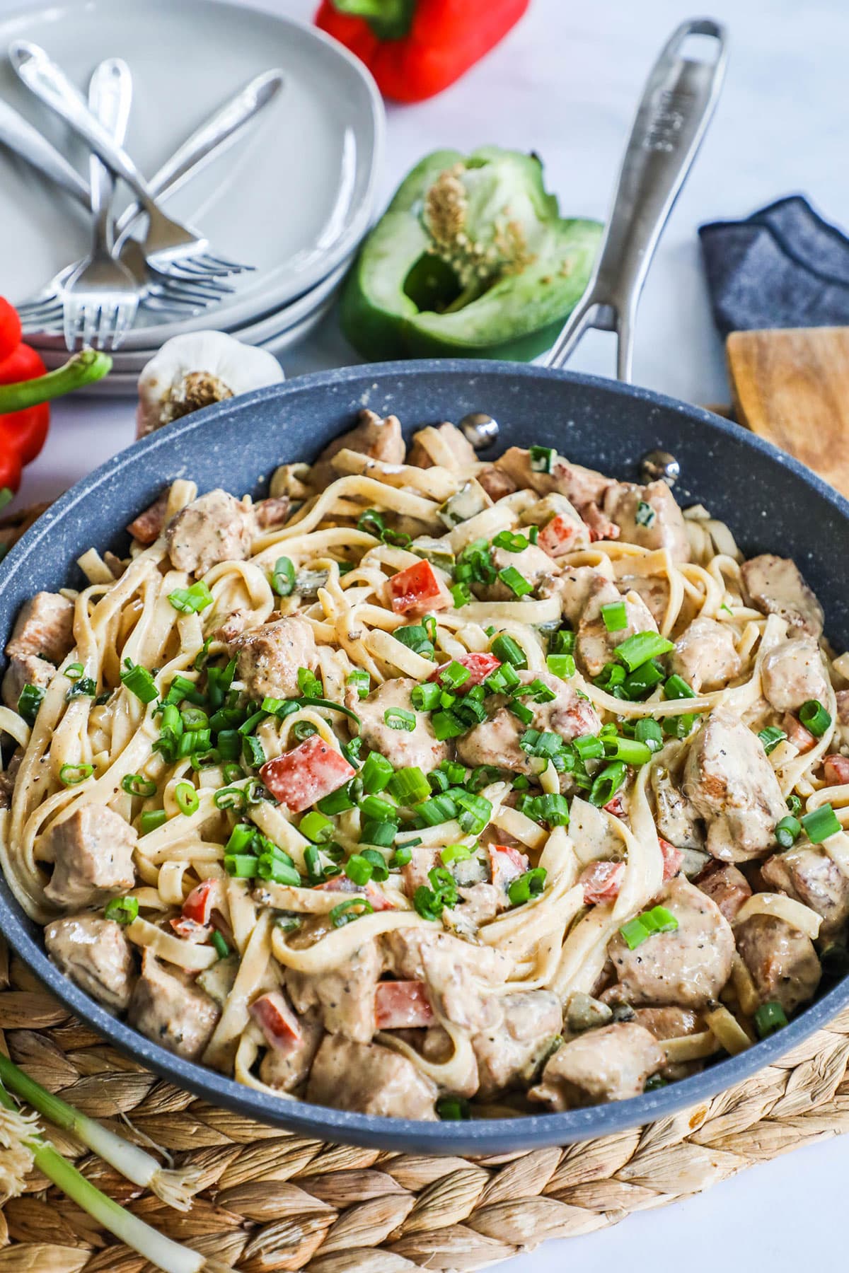 Creamy Cajun Chicken Pasta on the table ready for dinner.