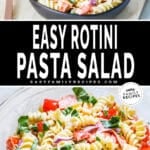 TWo images of finished rotini pasta salad