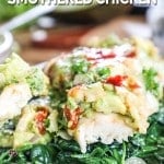Avocado chicken served on a plate with spinach for low carb dinner