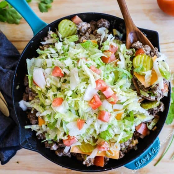 Big Mac Skillet, like a big mac without the bun! Covered in lettuce, tomato, special sauce and cheese!