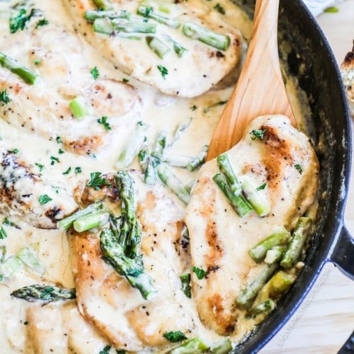 Chicken and Asparagus prepared in a skillet