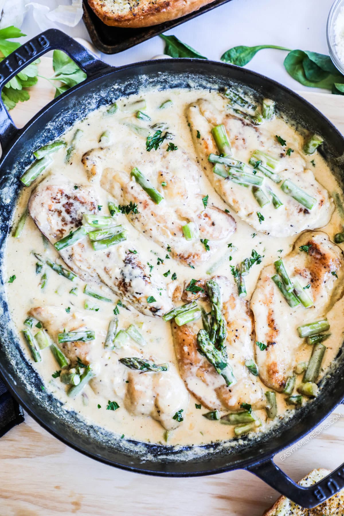 Chicken and Asparagus recipe in a skillet prepared and ready to serve