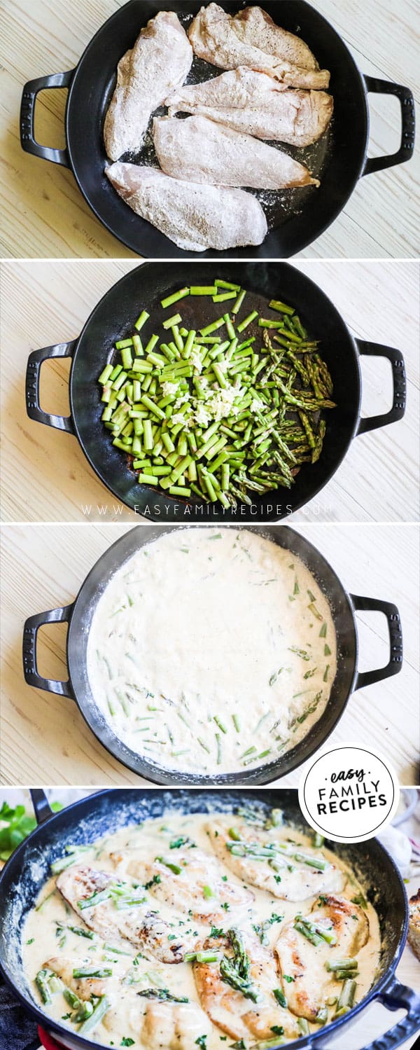 Steps to make chicken and asparagus with cream sauce in a cast iron skillet
