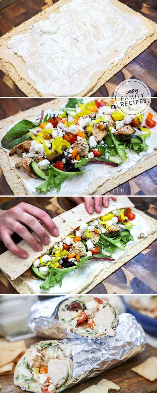 Steps to making loaded greek chicken wraps. 