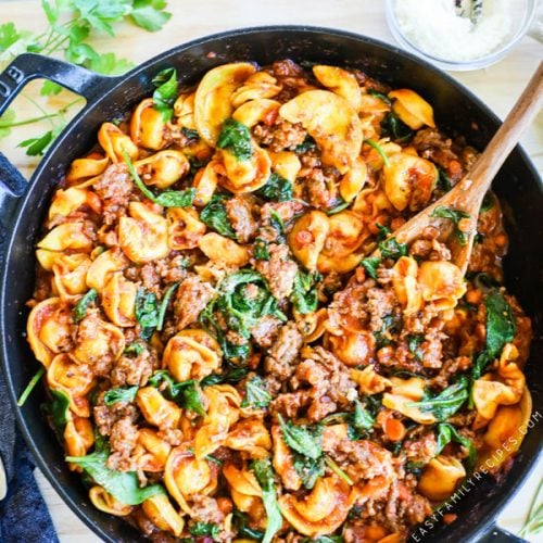Tortellini with Italian Sausage and Spinach in a skillet for an easy dinner
