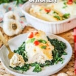 Low Carb Creamy Garlic Parmesan Chicken served with spinach.