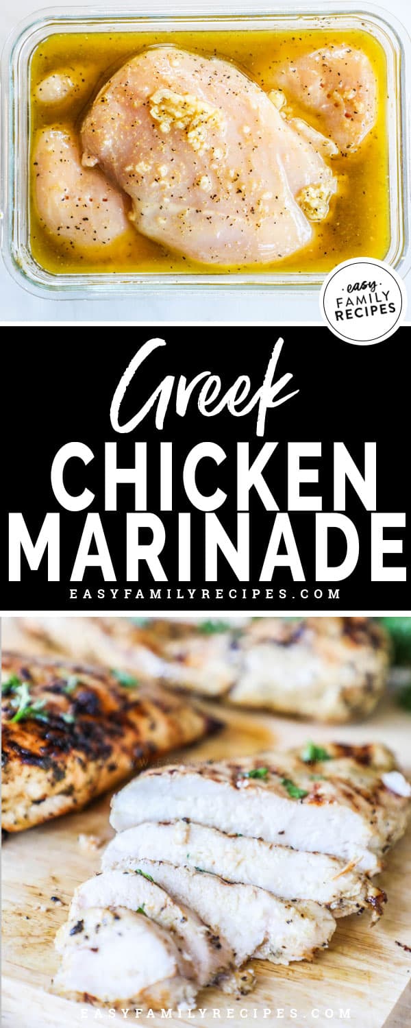 Chicken marinated in Greek Chicken Marinade, grilled and sliced on a board