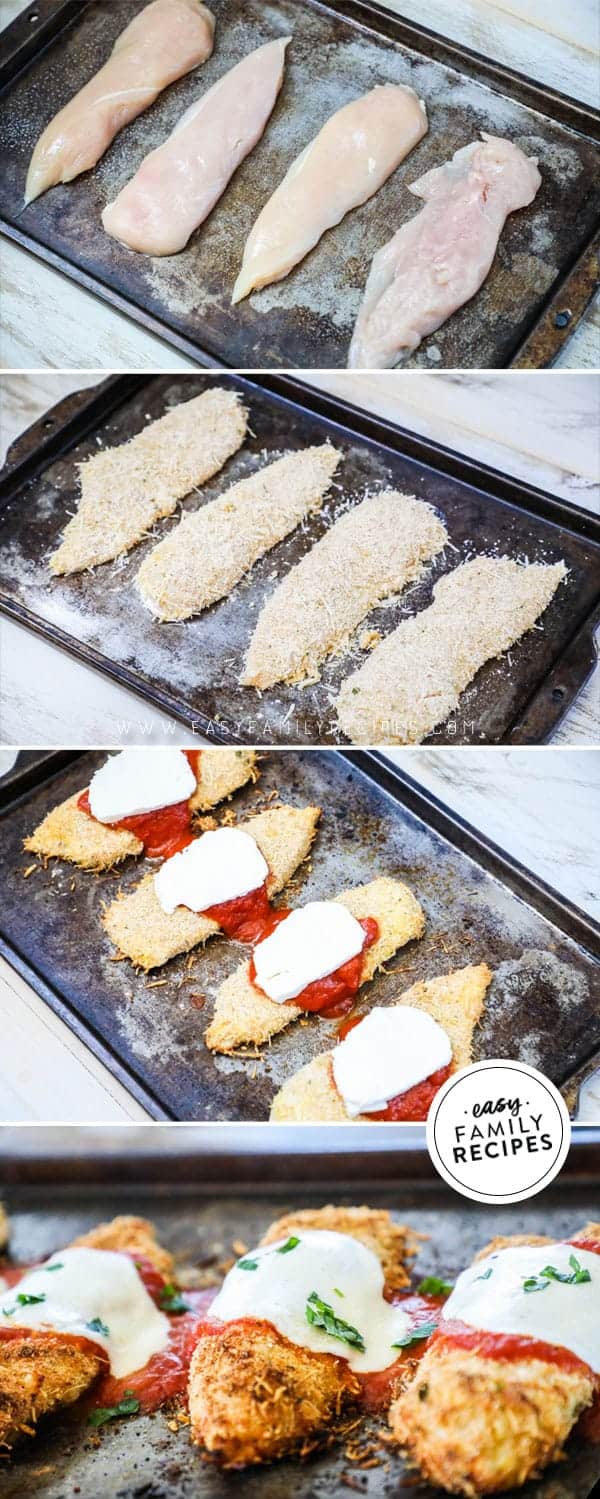 Steps to making baked chicken parmesan.