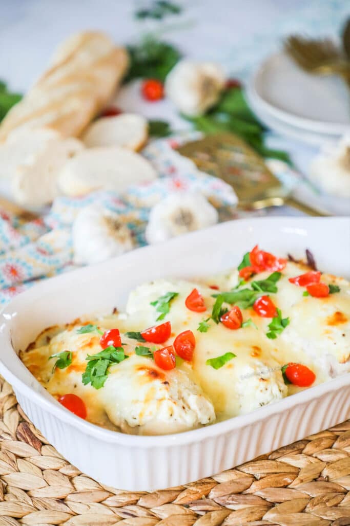 Low Carb Creamy Garlic Parmesan Chicken in baking dish