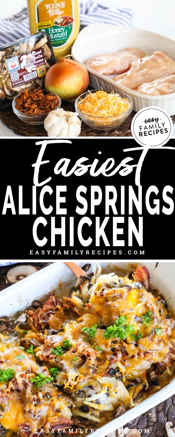 Alice Springs Chicken Ingredients - Chicken breast, onion, mushrooms, honey mustard, cheese