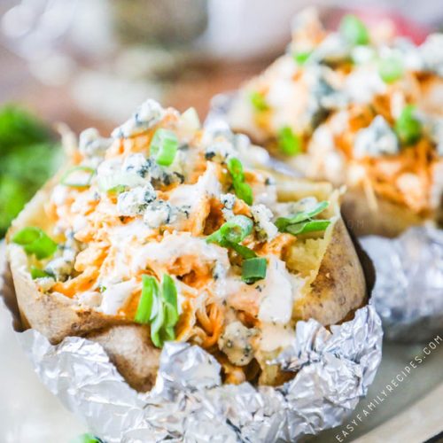 Buffalo Chicken Stuffed Baked Potato in foil ready to eat