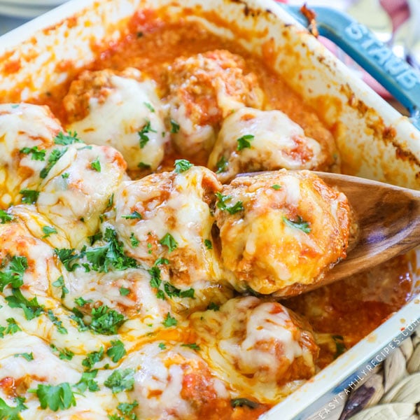 Meatball Parmesan Bake In Casserole Dish