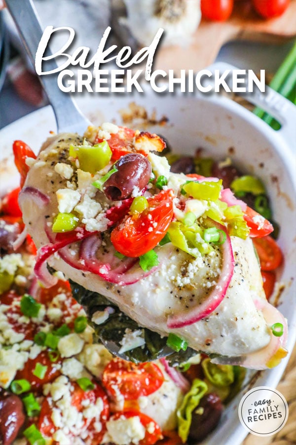 Baked Greek Chicken Loaded with tomatoes, olives, onions, and pepperoncini peppers