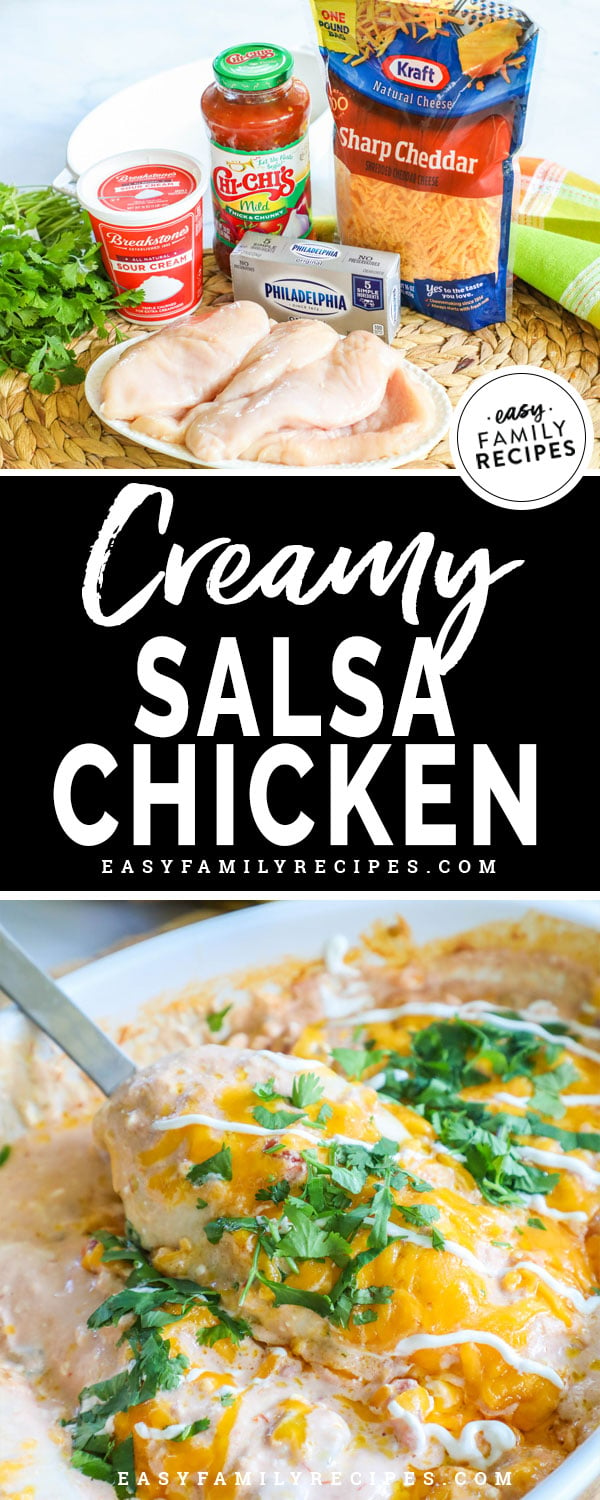 Creamy Salsa Chicken Ingredients including salsa, sour cream, and two kinds of cheese