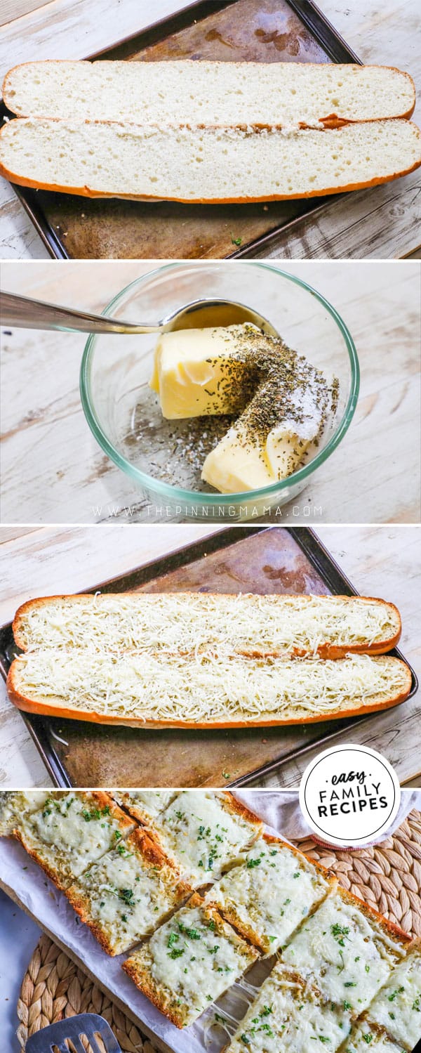 Steps for making garlic cheese bread.
