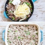 Long photo collage for steps to make philly cheesesteak casserole with ground beef.