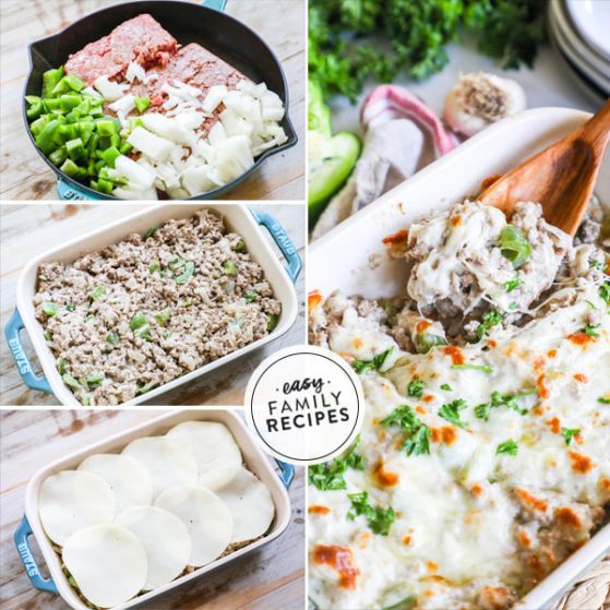 Step by Step to Make Philly Cheesesteak Casserole. Start by browning the ground beef, then mix with the cheeses and spices. Place in Casserole dish and cover with cheese.