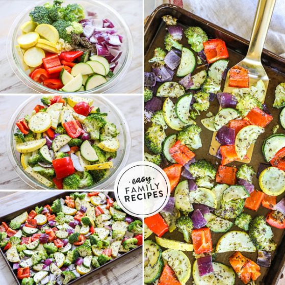 Red bell pepper, squash, zucchini, broccoli, and red onion tossed in a bowl with herbs to make oven roasted vegetables