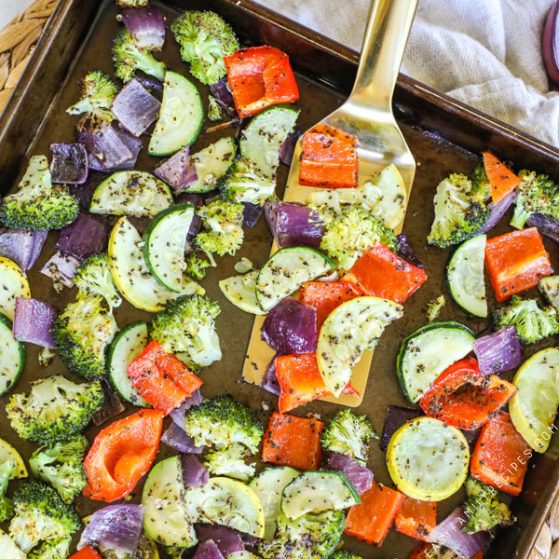 Rasted Vegetables on a sheet pan straight out of the oven