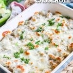 Easy philly cheesesteak casserole prepared in a casserole dish