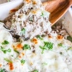 Casserole dish with Philly Cheesesteak Casserole made with ground beef