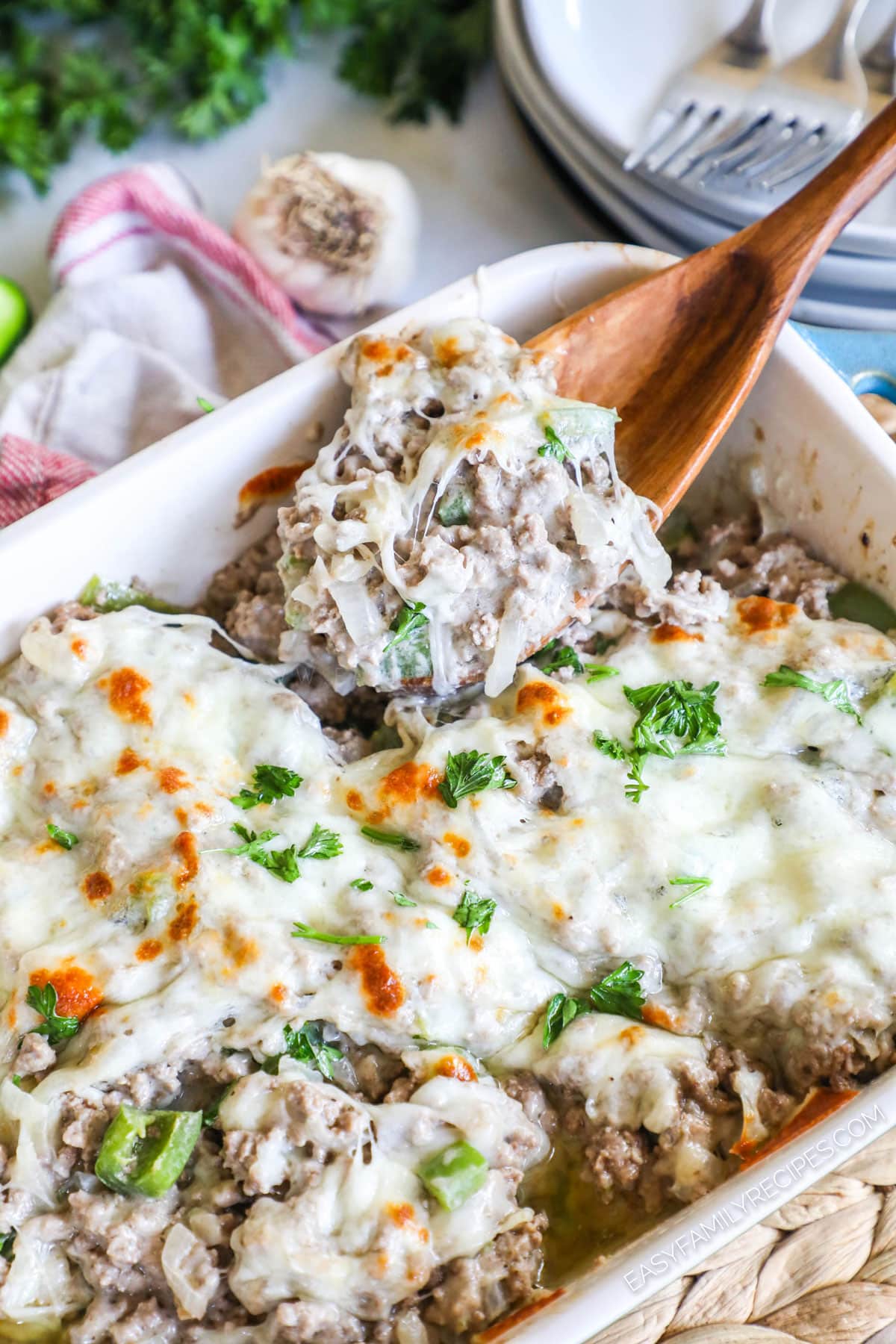 Casserole Dish filled with Philly Cheesesteak Casserole