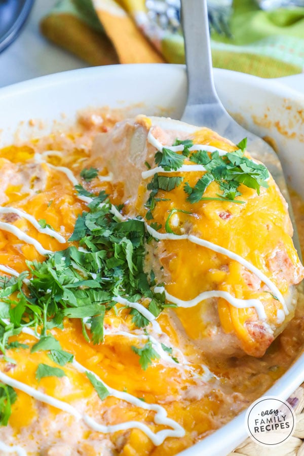 Creamy Salsa Chicken covered in cheese and garnished with sour cream and green onions