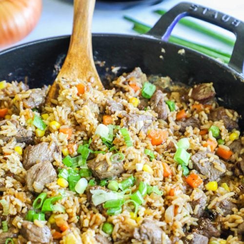 Steak Fried Rice Recipe prepared in a cast iron skillet