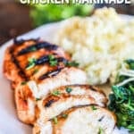 BBQ Marinated Chicken grilled and sliced next to mashed potatoes on a plate