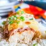 View of sliced baked Hawaiian Chicken layered with cheese, ham, bbq sauce and pineapples