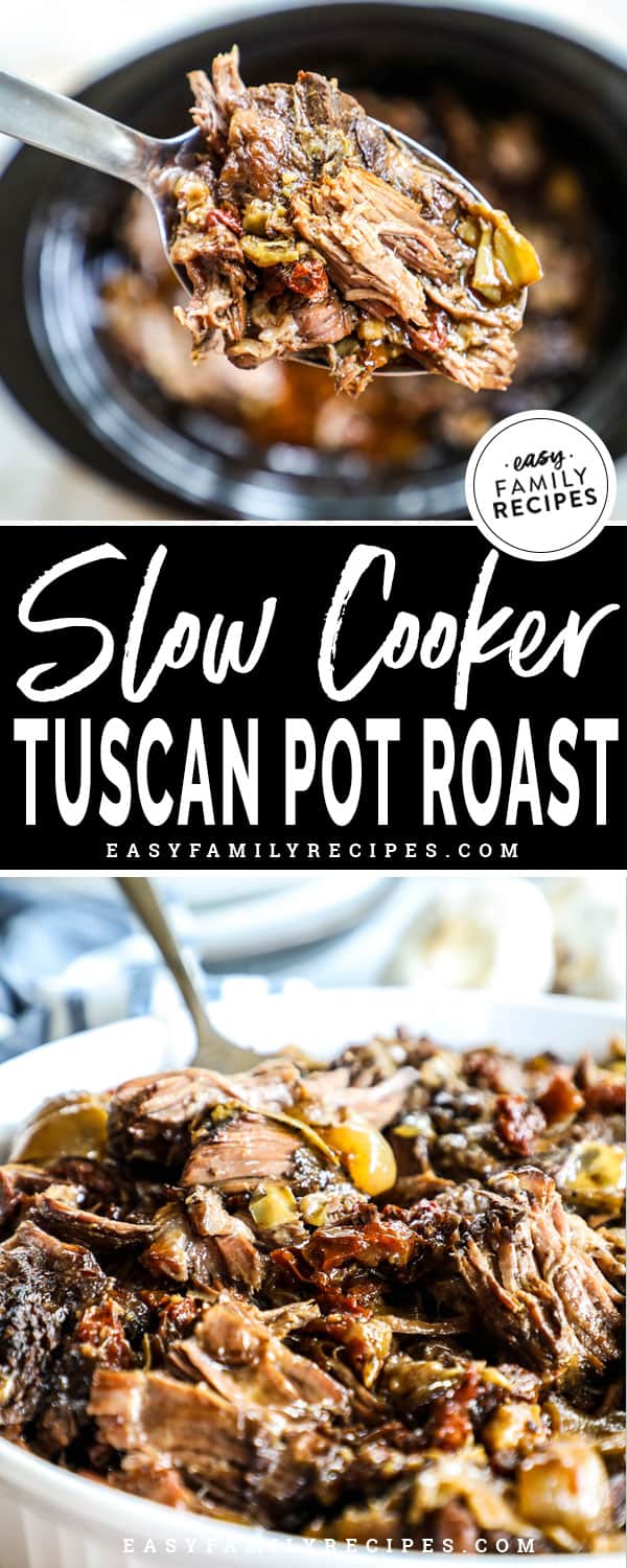 Tuscan Pot Roast being spooned out of the slow cooker