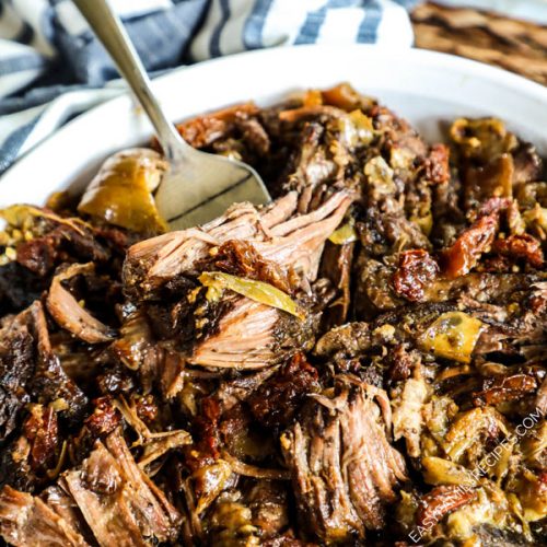 Crockpot Tuscan Pot Roast in a serving dish