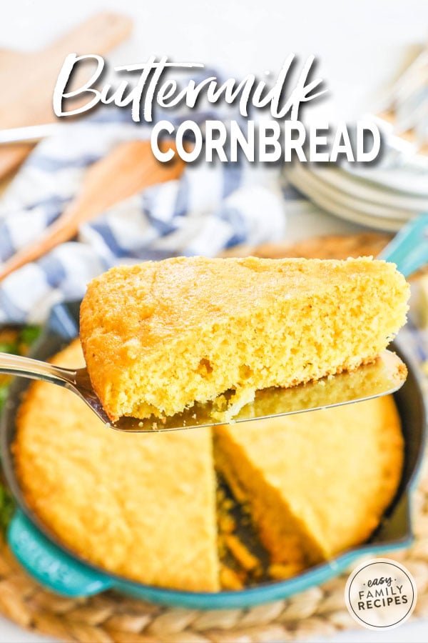 Perfectly sliced buttermilk cornbread made from scratch in a cast iron skillet