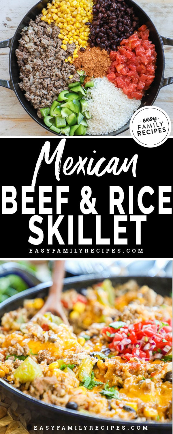 Mexican beef and rice ingredients in pan - ground beef, rice, tomatoes, bell pepper, black beans and corn