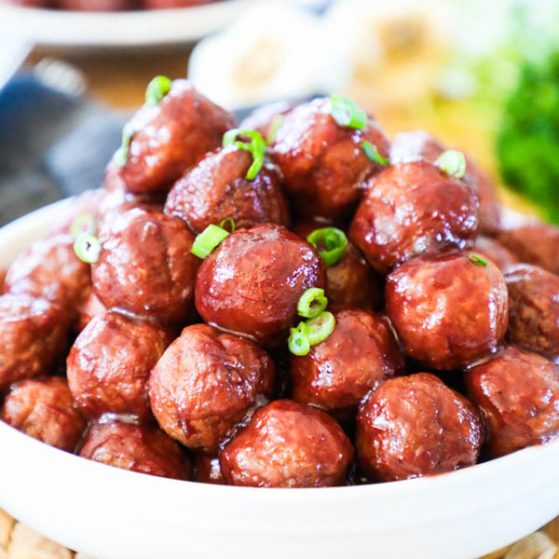 Party Meatballs prepared in a crockpot then piled in a bowl