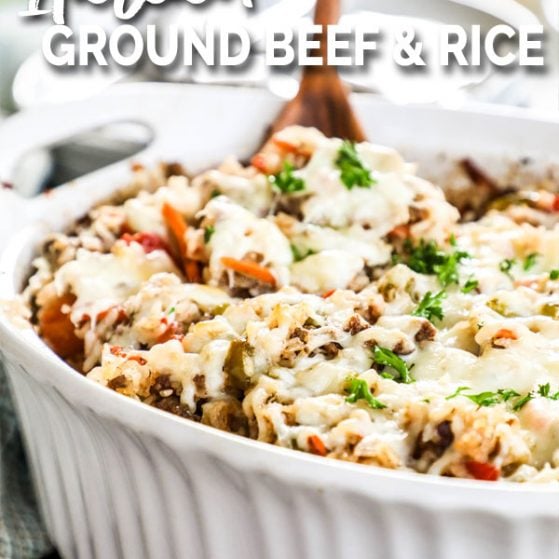 Italian Ground Beef and Rice Casserole garnished with parsley